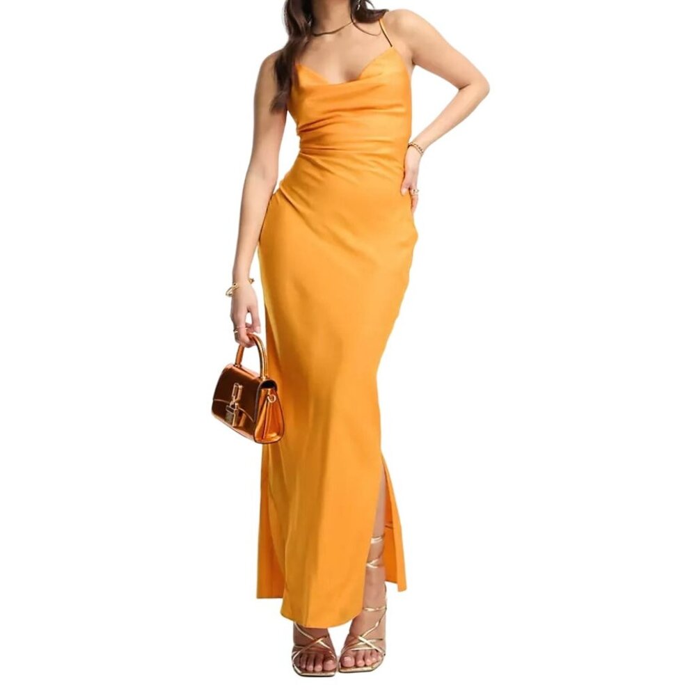 ASOS Design Petite Satin Cami Maxi Slip Dress in Orange, Size 4